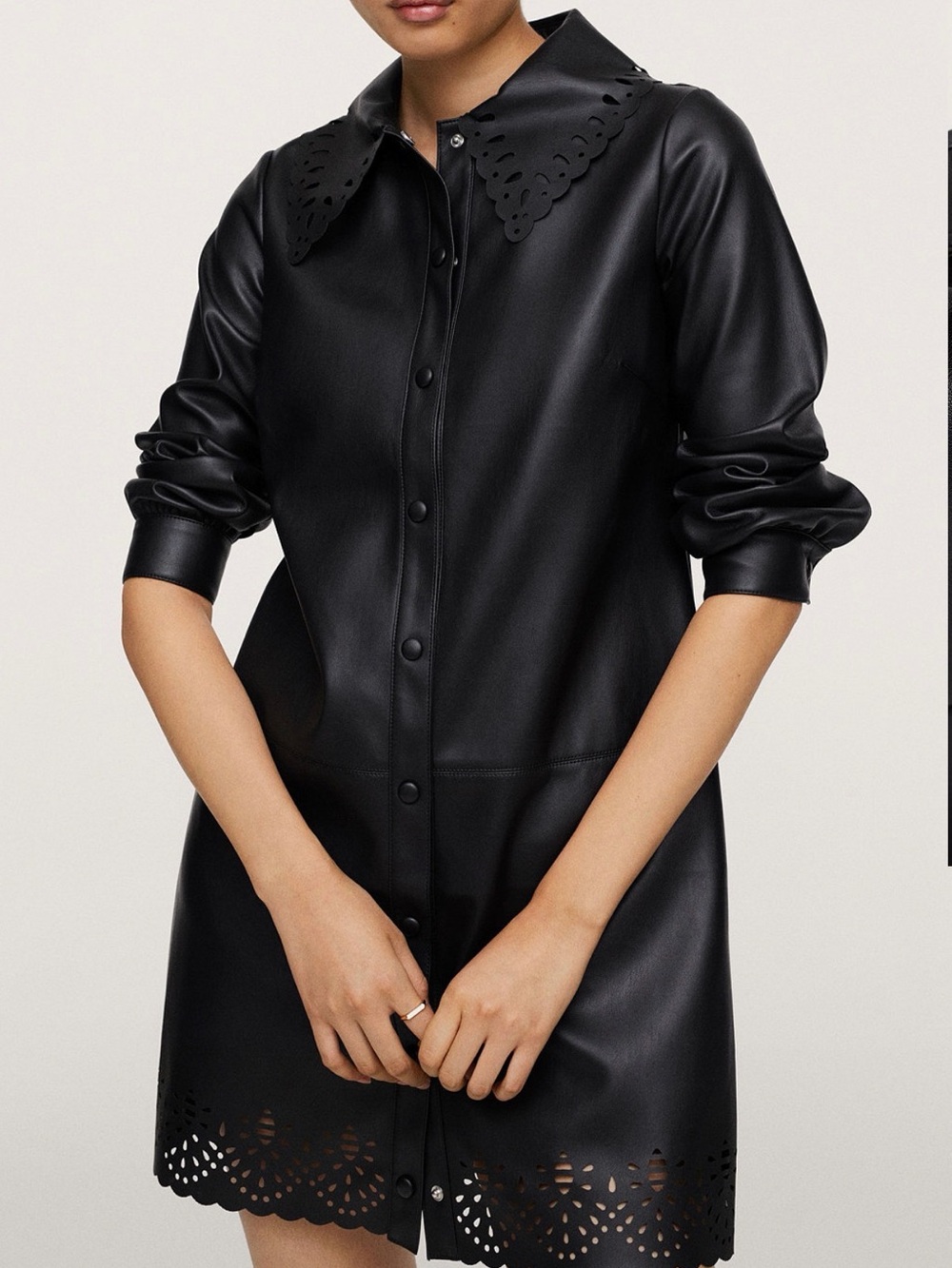 Mango Black Faux-Leather Button-Front Dress with Scalloped Collar